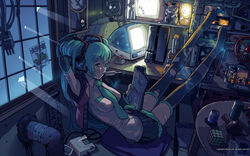  aqua_eyes aqua_hair bandaid clock computer detached_sleeves female food hatsune_miku headphones highres imac imac_g3 indoors long_hair magazine_(object) mikumix necktie photoshop_(medium) popsicle rubik&#039;s_cube sitting skirt solo speaker thighhighs torn_clothes twintails vocaloid x68000 yasumori_zen zettai_ryouiki 