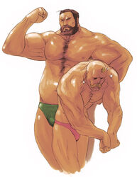  2boys ahoge alex_louis_armstrong beard blonde_hair brown_hair chest_hair commentary facial_hair fullmetal_alchemist jayun male_focus male_swimwear manly moustache multiple_boys muscular photoshop_(medium) sig_curtis sparkle standing swim_briefs topless_male 