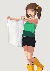  armpits black_shorts boots brown_eyes brown_hair camisole commentary_request female hair_bobbles hair_ornament highres one_eye_closed original partial_commentary ringed_eyes rubber_boots short_hair shorts solo twintails yammy_(cellblo) 