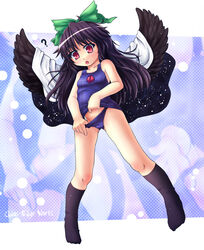  ? black_hair bow cape commentary_request etogami_kazuya female highres long_hair one-piece_swimsuit red_eyes reiuji_utsuho school_swimsuit school_swimsuit_flap socks solo swimsuit touhou wings zoom_layer 