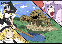  2girls aerial black_vest blonde_hair braid broom broom_riding cloud commentary_request cut-in day golem grin hat hat_ribbon highres karu_(ishiken) kirisame_marisa lake misty_lake multiple_girls nib_pen_(medium) open_mouth outdoors patchouli_knowledge puffy_short_sleeves puffy_sleeves purple_hair red_eyes ribbon scarlet_devil_mansion scenery shirt short_sleeves single_braid smile touhou traditional_media vest white_shirt witch_hat yellow_eyes 