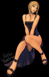  artist_name aya_brea bare_shoulders blonde_hair blue_eyes breasts cleavage collarbone commentary dress female highres jayun large_breasts looking_away parasite_eve parasite_eve_ii sandals signature sitting solo 