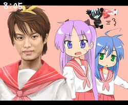  1boy 2girls ahoge bad_id bad_pixiv_id clock clockshow cosplay crossdressing crossover hiiragi_kagami hiiragi_tsukasa hiiragi_tsukasa_(cosplay) inoue_masahiro izumi_konata kadoya_tsukasa kamen_rider kamen_rider_dcd kamen_rider_diend lucky_star mamepon mole mole_under_eye multiple_girls name_connection neckerchief red_neckerchief ryouou_school_uniform school_uniform serafuku 