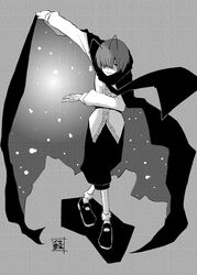  androgynous antennae bowing cape commentary_request female fireflies greyscale hair_over_one_eye highres karu_(ishiken) monochrome reverse_trap solo touhou wriggle_nightbug 