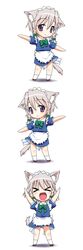  &gt;_&lt; :d animal_ears blush chibi closed_eyes commentary_request dog_ears dog_tail female fumotono_mikoto highres inu_sakuya_(nejikirio) izayoi_sakuya kemonomimi_mode kyu_kyu_kyu_nyaa maid maid_headdress open_mouth outstretched_arms purple_eyes ribbon smile spread_arms standing tail touhou xd 