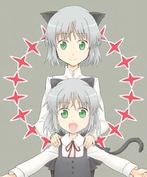  2girls aged_down animal_ears black_pantyhose cat_ears cat_girl cat_tail commentary_request dress green_eyes grey_hair ishioto lolicon multiple_girls open_mouth pantyhose sanya_v._litvyak short_hair smile strike_witches tail time_paradox uniform world_witches_series 