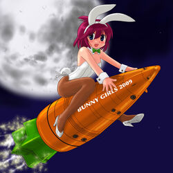  animal_ears blue_eyes carrot commentary_request female fishnet_pantyhose fishnets full_moon ieon marison_(aono107) md5_mismatch moon original pantyhose playboy_bunny rabbit_ears red_hair rocket short_hair solo 