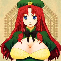  bad_id bad_pixiv_id blue_eyes braid breasts cleavage female hat hat_ornament hong_meiling huge_breasts long_hair looking_at_viewer mot red_hair solo star_(symbol) star_hat_ornament touhou twin_braids 