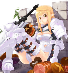  aasara armor blonde_hair blush bread breasts brown_eyes cheese chocolate cleavage commentary_request eating elf fantasy_earth fantasy_earth_zero female food gauntlets greaves heart huge_weapon long_hair meat medium_breasts pauldrons pointy_ears shoulder_armor solo sword thighhighs torn_clothes warrior_(fantasy_earth) warrior_(vesta_armor)_(fantasy_earth_zero) weapon white_thighhighs 