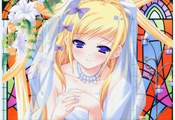  blonde_hair bride dress female flower jewelry kisaragi_mifuyu long_hair moekibara_fumitake ring solo tayutama wedding_dress 