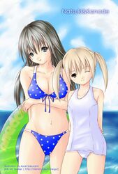  2girls :p ane_doki arms_behind_back black_hair blonde_hair breasts cleavage commentary_request day front-tie_top grey_eyes hagiwara_natsuki innertube large_breasts long_hair multiple_girls one-piece_swimsuit photoshop_(medium) pink_eyes polka_dot sakurai_kanade_(ane_doki) sakurami_azuki school_swimsuit swim_ring swimsuit tongue tongue_out twintails water white_one-piece_swimsuit 