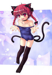  animal_ears braid cat_ears cat_tail commentary_request etogami_kazuya female hair_ribbon highres kaenbyou_rin multiple_tails one-piece_swimsuit red_eyes red_hair ribbon school_swimsuit short_hair solo strap_pull swimsuit tail thighhighs touhou twin_braids twintails zoom_layer 