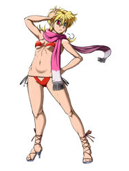  ankle_lace-up bikini blonde_hair breasts commentary_request cross-laced_footwear feet female heterochromia highres katina_tarask lace-up_heels legs long_hair medium_breasts photoshop_(medium) red_bikini sandals sangekimaru scarf side-tie_bikini_bottom solo string_bikini super_robot_wars super_robot_wars_original_generation swimsuit underboob undersized_clothes 