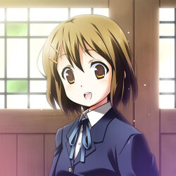  brown_eyes brown_hair commentary_request female hair_ornament hairclip hirasawa_yui k-on! natsukon photoshop_(medium) sakuragaoka_high_school_uniform school_uniform short_hair solo 