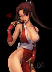  breasts bridal_gauntlets brown_eyes brown_hair cleavage collarbone commentary fatal_fury female folded_fan folding_fan gloves hand_fan heart japanese_clothes jayun large_breasts loincloth long_hair one_eye_closed panties pelvic_curtain ponytail revealing_clothes shiranui_mai smile solo the_king_of_fighters underwear 