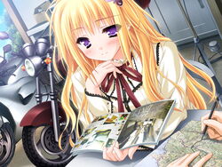  blonde_hair book female kisaragi_mifuyu long_hair moekibara_fumitake motor_vehicle motorcycle solo tayutama 