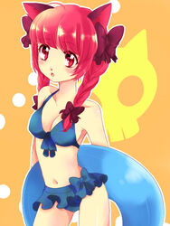  animal_ears bikini bikini_skirt blue_bikini braid cat_ears chigo female frills front-tie_top hair_ribbon innertube kaenbyou_rin red_eyes red_hair ribbon short_hair solo swim_ring swimsuit touhou twin_braids twintails 