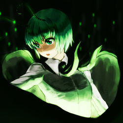  antennae arugeri cape commentary_request female fireflies green_eyes green_hair light open_mouth photoshop_(medium) serious short_hair solo touhou wriggle_nightbug 