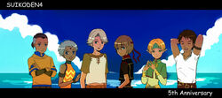  2girls 4boys blue_eyes casual commentary_request dark_skin elf facial_mark forehead_mark gensou_suikoden gensou_suikoden_iv green_eyes grey_hair headband jewel_(suikoden) keneth_(suikoden) lazlo_(suikoden) magurodon multiple_boys multiple_girls open_mouth orange_hair painttool_sai_(medium) paula_(suikoden) pointy_ears short_hair smile snowe_vingerhut tal_(suikoden) 