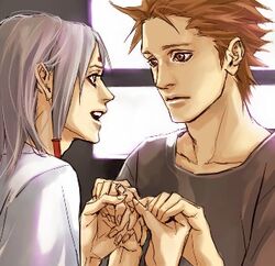  2boys :d brown_hair closed_mouth collarbone expressionless grey_hair holding juugo_(naruto) kaguya_kimimaro lily_(artist) lowres male_focus multiple_boys naruto_(series) naruto_shippuuden open_mouth shirt smile spiked_hair t-shirt window yaoi 