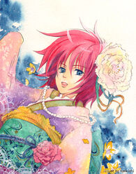  blue_eyes commentary_request female flower gensou_suikoden gensou_suikoden_v hair_flower hair_ornament isabel_(suikoden) japanese_clothes kankichi kimono lowres red_hair short_hair solo 