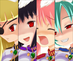  4girls animal_ears aqua_hair black_hair blonde_hair chiester00 chiester410 chiester45 chiester556 chiester_sisters column_lineup commentary_request cut-in disgaea disgaea_team_attack eyepatch multiple_girls open_mouth parody photoshop_(medium) pink_hair rabbit_ears red_eyes split_crop umineko_no_naku_koro_ni yasutake 