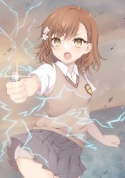  brown_eyes brown_hair brown_sweater_vest cloud cloudy_sky coin debris electricity electrokinesis emblem female flower grey_skirt hair_flower hair_ornament highres holding holding_coin kokorominton medium_hair misaka_mikoto open_mouth outdoors pleated_skirt psychic railgun_(misaka_mikoto) school_emblem school_uniform shorts shorts_under_skirt skirt sky solo summer_uniform sweater_vest toaru_kagaku_no_railgun toaru_majutsu_no_index tokiwadai_school_uniform 