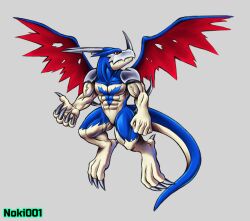  aeroveedramon anthro bandai_namco big_claws blue_body claws digimon digimon_(species) dragon grey_background hi_res horn lighter_belly long_tail male mid_air mouth_closed muscular mythological_creature mythological_scalie mythology noki001 red_eyes red_wings scalie simple_background solo spikes tail vein wings 