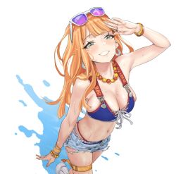  arm_up bead_necklace beads bikini bikini_under_clothes blue_bikini blue_shorts blush bracelet breasts cleavage denim denim_shorts earrings eyewear_on_head female from_above front-tie_bikini_top front-tie_top gakuen_idolmaster green_eyes grin gyaru hamedoragon idolmaster jewelry long_hair looking_at_viewer looking_up midriff mole mole_under_eye navel necklace orange_hair orange_wristband shiun_sumika shoes short_shorts shorts simple_background smile sneakers solo sunglasses swimsuit teeth thigh_strap torn_clothes torn_shorts white_background 