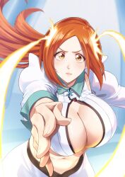  46take_e absurdres bleach bleach:_sennen_kessen-hen blush breasts brown_eyes casting_spell cleavage cleavage_cutout clothing_cutout collar female forehead highres huge_breasts inoue_orihime lips long_hair midriff navel orange_hair pointing reaching reaching_towards_viewer 