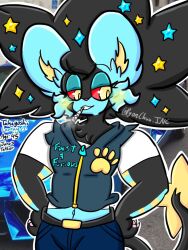  anthro black_hair blue_body bottomwear cigarette clothing generation_4_pokemon hair jacket lewdchuu_(artist) luxray male navel nintendo pants pokemon pokemon_(species) shirt solo star topwear yellow_eyes 