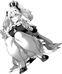  ass ass_visible_through_thighs azur_lane azur_lane:_slow_ahead black_footwear black_ribbon breasts cape cleavage crown detached_sleeves dress female frilled_dress frills garter_straps greyscale hair_ribbon high_heels highres hori_(hori_no_su) joffre_(azur_lane) joffre_(ensorcelled_snow_white)_(azur_lane) large_breasts medium_hair monochrome official_alternate_costume official_art panties parted_lips ribbon skindentation solo squatting thighhighs thong tilted_headwear two_side_up underwear white_garter_straps white_panties white_thighhighs 