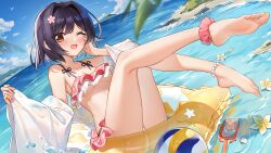  :d afloat ankle_scrunchie ball bare_legs bare_shoulders barefoot beachball bead_anklet bikini black_hair blue_sky blurry blurry_foreground blush breasts cleavage cloud collarbone colored_inner_hair day dutch_angle feet female flower frilled_bikini frills ginn_(hzh770121) hair_flower hair_intakes hair_ornament hand_on_own_face hands_up innertube jacket jacket_partially_removed kasuga_yuuno knees_together_feet_apart leaning_back legs legs_up light_blush looking_at_viewer memories_off_6 multicolored_hair ocean on_innertube one_eye_closed open_mouth outdoors pink_flower plant red_scrunchie scrunchie see-through see-through_jacket shell short_hair shovel sitting sky small_breasts smile soles solo swept_bangs swim_ring swimsuit toes two-tone_bikini underboob water white_jacket yellow_eyes yellow_innertube 