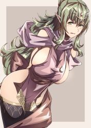  absurdres arms_behind_back black_thighhighs blush breasts cosplay dress female fire_emblem fire_emblem:_mystery_of_the_emblem fire_emblem_awakening fire_emblem_heroes green_eyes green_hair highres large_breasts long_hair official_alternate_costume pelvic_curtain pink_dress pointy_ears ponytail revealing_clothes short_dress sideboob sidelocks solo sweatdrop thighhighs thighs tiki_(adult)_(fated_divinity)_(fire_emblem) tiki_(adult)_(fire_emblem) tiki_(fire_emblem) tiki_(young)_(fire_emblem) tiki_(young)_(fire_emblem)_(cosplay) to_(tototo_tk) undersized_clothes very_long_hair 