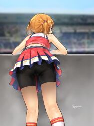  ass bare_arms bike_shorts bike_shorts_under_skirt black_shorts blurry blurry_background brown_hair cheerleader female gojarun hair_ribbon highres idolmaster idolmaster_cinderella_girls kneepits miniskirt no_panties ribbon short_shorts shorts shorts_under_skirt skirt socks solo sweat twintails twitter_username yuuki_haru 