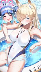  2girls absurdres animal_ears antenna_hair blonde_hair blue_archive blue_eyes blue_hair blue_halo blush breasts clenched_teeth competition_swimsuit covered_navel dog_ears double_bun extra_ears fubuki_(blue_archive) fubuki_(swimsuit)_(blue_archive) hair_bun hair_over_one_eye halo highres kanna_(blue_archive) kanna_(swimsuit)_(blue_archive) kuromiz large_breasts lifebuoy long_hair multicolored_hair multiple_girls official_alternate_costume one-piece_swimsuit open_mouth pink_halo ponytail red_eyes sharp_teeth short_hair small_breasts smile swim_ring swimsuit teeth v valkyrie_police_academy_swimsuit whistle whistle_around_neck white_one-piece_swimsuit 