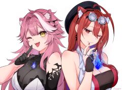  2girls ahoge animal_ear_fluff animal_ears artist_glove blue_fire blue_hair blush breasts cleavage colored_inner_hair cosplay costume_switch elizabeth_rose_bloodflame fake_animal_ears fire goggles highres hololive hololive_english huge_ahoge large_breasts long_hair looking_at_viewer multicolored_hair multiple_girls open_mouth panther_ears pink_hair raora_panthera red666 red_eyes red_hair see-through see-through_cleavage shoulder-to-shoulder smile streaked_hair very_long_hair virtual_youtuber yellow_eyes 