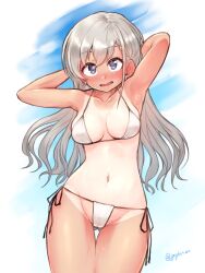  armpits arms_up bikini breasts commentary_request gojarun groin highres hisakawa_hayate idolmaster idolmaster_cinderella_girls looking_at_viewer medium_breasts micro_bikini navel side-tie_bikini_bottom swimsuit tan tanlines 