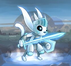  2018 ambiguous_gender armor black_sclera blue_nose colored digital_media_(artwork) glaucablitz glowing glowing_body glowing_sword guardian_spirit holding_melee_weapon holding_object holding_shield holding_sword holding_weapon knight knight_helmet melee_weapon ori_(ori) ori_(series) plant shaded shield sky solo sword tail tree warrior weapon white_body white_ears white_eyes white_tail 