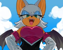  anthro armwear bat breasts clothing cloud day elbow_gloves eyeshadow female fur gloves half-closed_eyes handwear hi_res lipstick makeup mammal n_jiujiu99 narrowed_eyes open_mouth rouge_the_bat sega simple_background solo sonic_the_hedgehog_(series) tan_body tan_skin white_body white_fur wings 