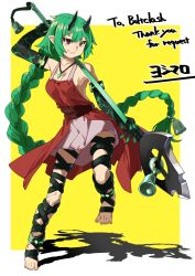  anklet armlet bare_shoulders barefoot bell black_gloves black_rope border braid breasts cleavage collarbone commission commissioner_name demon_horns detached_sleeves elbow_gloves feet female fighting_stance gem gloves green_gemstone green_gloves green_hair green_rope hair_bell hair_ornament highres holding holding_polearm holding_weapon horns jade_(boltclash) jade_pendant jewelry long_bangs long_hair looking_at_viewer magatama_(symbol) medium_breasts oni oni_girl original pointy_ears polearm purple_eyes rope signature single_braid skinny skirt smile smirk solo spear spread_toes standing standing_on_one_leg thank_you tiptoes toenails toes very_long_hair weapon white_border yellow_background yoshimaro 