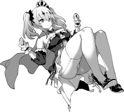  azur_lane azur_lane:_slow_ahead black_ribbon cape crown detached_sleeves dress female frilled_dress frills garter_straps greyscale hair_ribbon high_heels hori_(hori_no_su) joffre_(azur_lane) joffre_(ensorcelled_snow_white)_(azur_lane) medium_hair mini_crown monochrome official_alternate_costume official_art panties ribbon short_dress simple_background solo thighhighs thong tilted_headwear two_side_up underwear white_background white_garter_straps white_panties white_thighhighs 