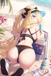  alternate_costume ass back_tattoo beach bikini blonde_hair bottle cellphone character_tattoo cynthia_(pokemon) female food from_behind garchomp gastrodon grey_eyes holding holding_food holding_popsicle long_hair looking_back milotic mitsu_(mitsu_art) outdoors phone pikachu pokemon pokemon_dppt popsicle shoes smartphone solo swimsuit tattoo tree very_long_hair water water_bottle 