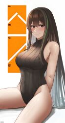  absurdres anti-rain_(girls&#039;_frontline) arms_behind_back blush breasts brown_eyes brown_hair closed_mouth cozie178 english_commentary female girls&#039;_frontline green_eyes highres leotard logo long_hair looking_at_viewer m4a1_(girls&#039;_frontline) multicolored_hair ribbed_leotard simple_background sitting smile solo streaked_hair white_background 