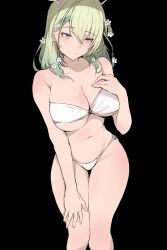  antlers bikini black_background breasts ceres_fauna closed_mouth female flower green_hair hair_flower hair_ornament highres hololive hololive_english horns large_breasts mole mole_under_eye navel sak1_01 simple_background solo stomach swimsuit virtual_youtuber white_bikini 