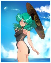  absurdres armpit_peek ass bishoujo_senshi_sailor_moon black_one-piece_swimsuit blush breasts closed_mouth female fritz_willie green_eyes green_hair highres holding holding_umbrella kaiou_michiru large_breasts long_hair looking_at_viewer ocean one-piece_swimsuit outdoors sailor_neptune sky smile solo swimsuit umbrella 