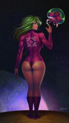  absurdres artist_name ass boots breasts closed_mouth danderfull female from_behind full_body green_hair highres justin_bailey knee_boots leotard lips long_hair long_sleeves makeup medium_breasts metroid metroid_(creature) planet purple_eyes purple_leotard samus_aran signature smile space star_(sky) thighs turtleneck 