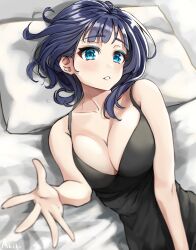  akiki_(kiki) arm_at_side artist_name asaka_karin bare_arms bare_shoulders bed_sheet black_camisole blue_eyes blue_hair blunt_bangs blurry blurry_foreground breasts camisole cleavage collarbone curly_hair dark_blue_hair eyelashes female from_above hair_behind_ear hand_up head_on_pillow highres light_blush looking_at_viewer love_live! love_live!_nijigasaki_high_school_idol_club lying medium_breasts medium_hair no_bra on_bed outstretched_hand pillow solo teeth upper_body 