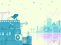  air_conditioner animated animated bird building female floating_hair flower jellyfish lowres monochrome on_roof original pixel_art plant potted_plant railing reflection toyoi_yuuta treasure_chest water wind_turbine window 