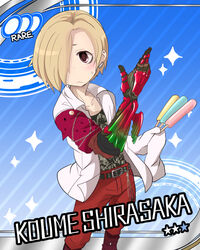  ankh_(ooo) ankh_(ooo)_(cosplay) belt blonde_hair brown_eyes card_(medium) card_parody character_name chiyomi cinderella_girls_card_parody commentary_request cosplay earrings female food hair_over_one_eye idolmaster idolmaster_cinderella_girls jewelry kamen_rider kamen_rider_ooo_(series) parody popsicle shirasaka_koume short_hair solo 